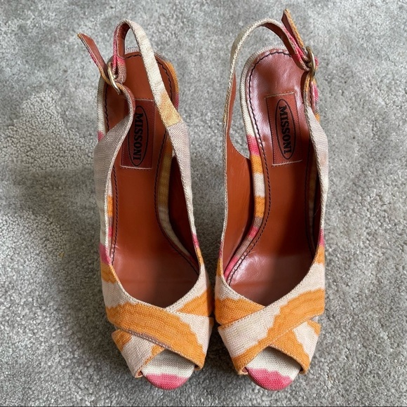 Missoni Multicolor Ikat Printed Fabric Leather Slingback Peep Toe Platform Heels - Picture 3 of 10